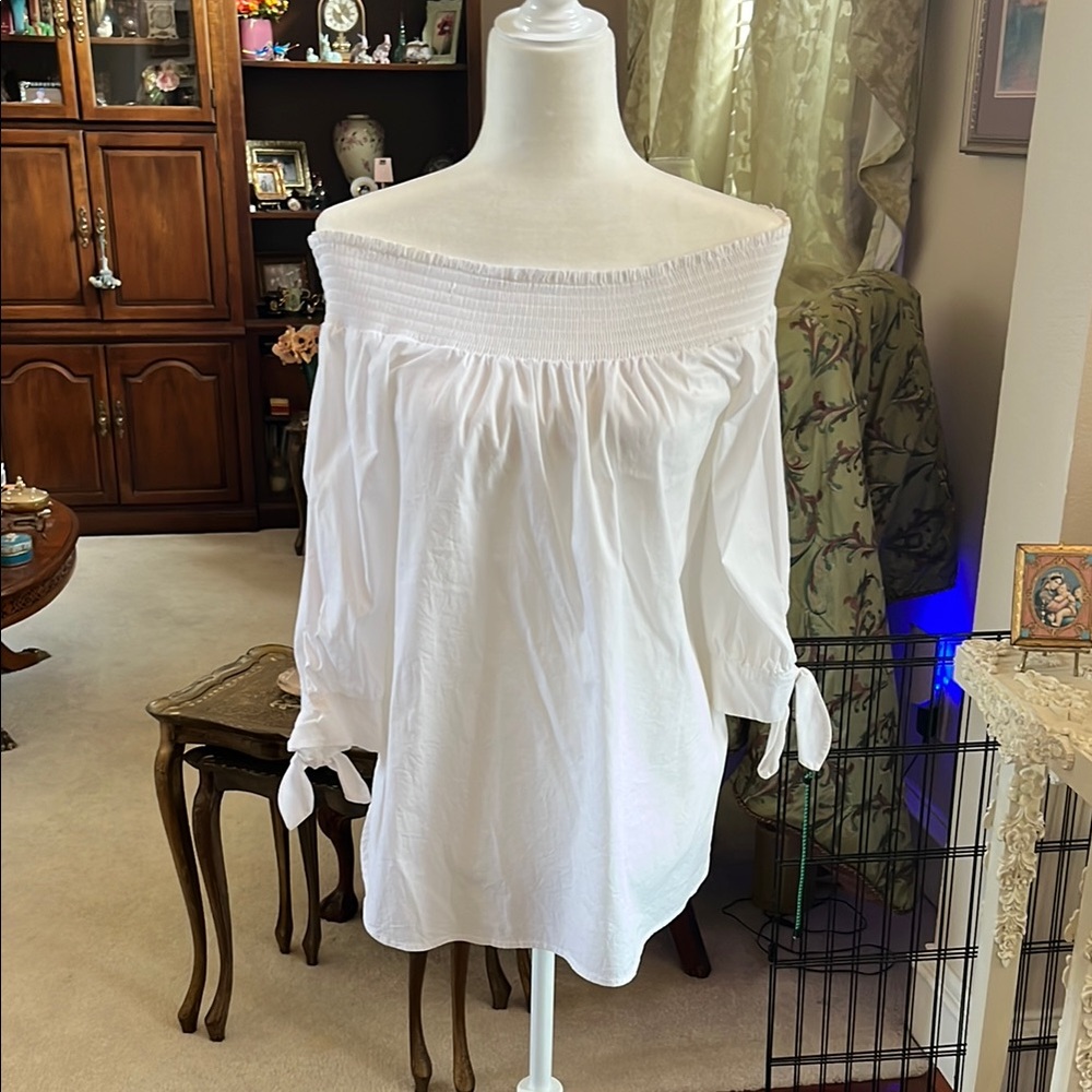 Neiman Marcus White Smocked Blouse with Tie Front
